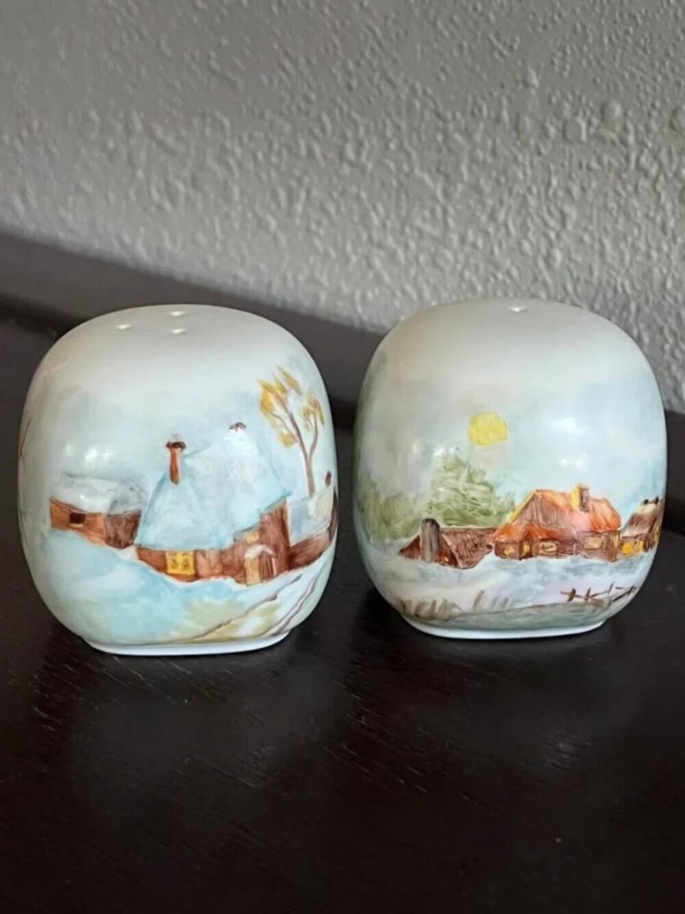 Vintage 90s Salt Pepper Shakers Hand Painted Cabin Woods Scenic Farmhouse